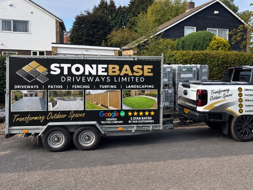 The Stonebase Driveways trailer and pickup on a job